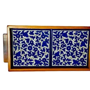 Sever Plates Serving Wooden Stylish 15x30cm Square Ceramic Tile & Olive Wood Tray Elegant Design for Palestine Heritage and Family Gatherings