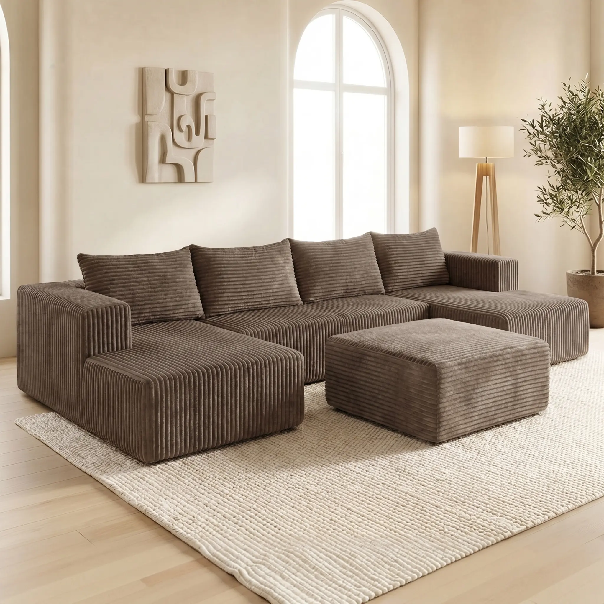 【3 Packages Shipping】132" Modular Sectional  U-Shaped Sofa  Boneless Sofas with 6 Pillows Double Chaise Lounge Sectional Couches for Living Room
