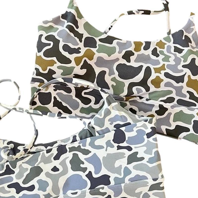 Women's Camouflage Print Sports Bra, Crisscross Back Fun Yoga Fitness Bra with Medium Support, Breathable Stretchy Workout Bra for Gym, Yoga, Running & Daily Active Wear, Trendy Camo Activewear Top