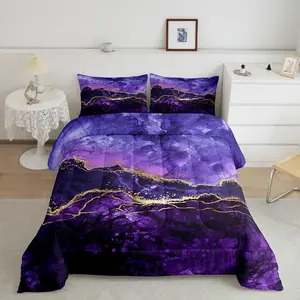 Feelyou Purple Marble Bedroom Bedding Set - Abstract Gold-Purple Decorative Comforter, Iridescent Ink Fluid Art Down Quilt, Modern Luxury Elegant Soft Bedding Set, Decorative Bedding Set