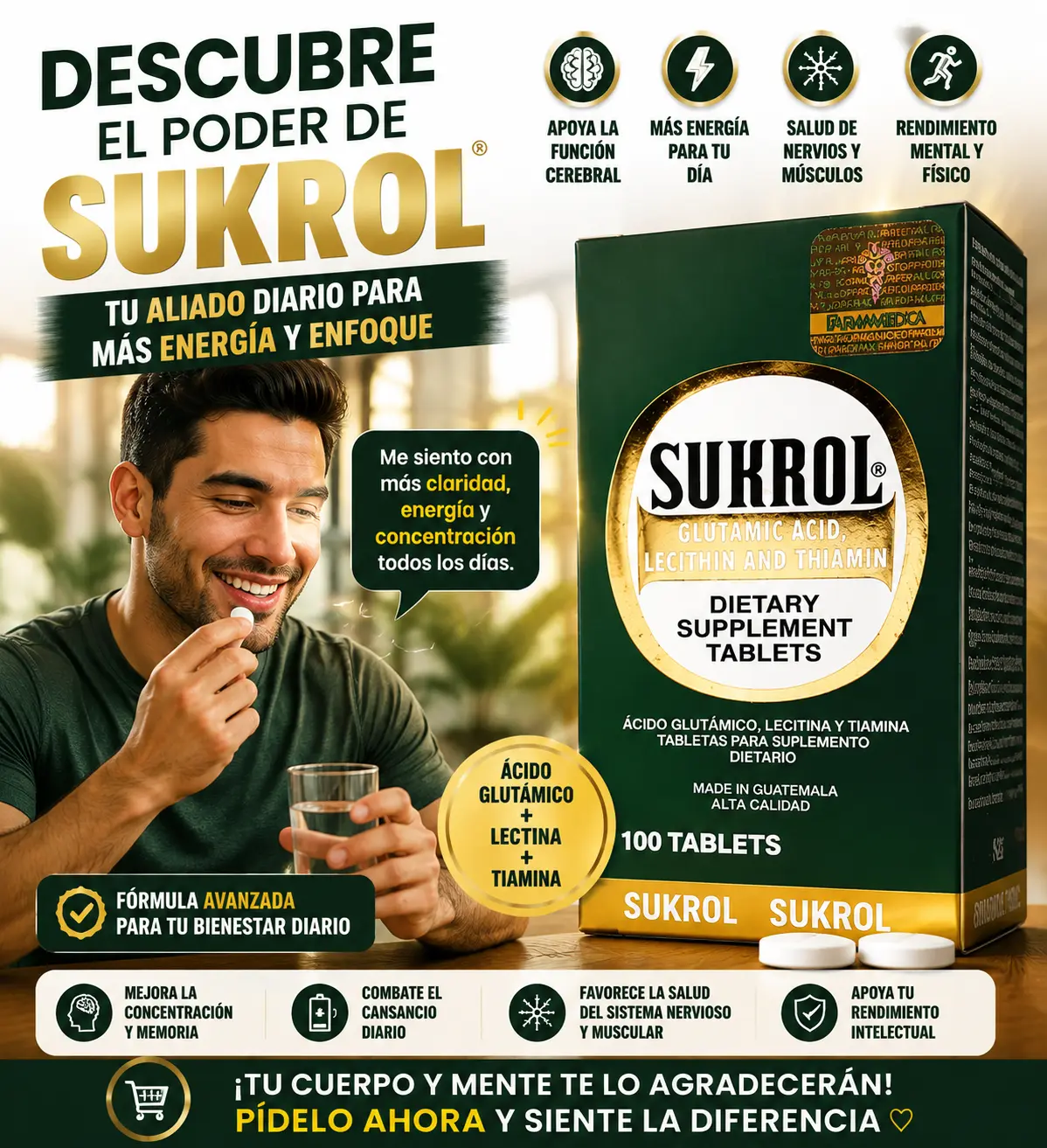 Sukrol Vitamin Supplement Brain Support, Nervous Sistem support, Liver Support, Energy Support.  - 100 Tablets, Brain Support, Prop 65 Safe Wellness Supplement