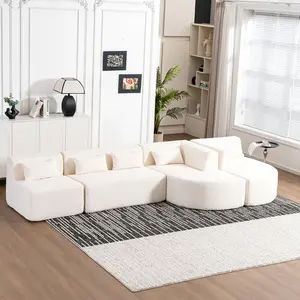 144" Oversized Upholstered Sectional Sofa, Free-Combined Modular Couch with Two Chaise Lounge and Five Back Pillows, Large Convertible Corner Sofa for Living Room, Apartment, Family Room