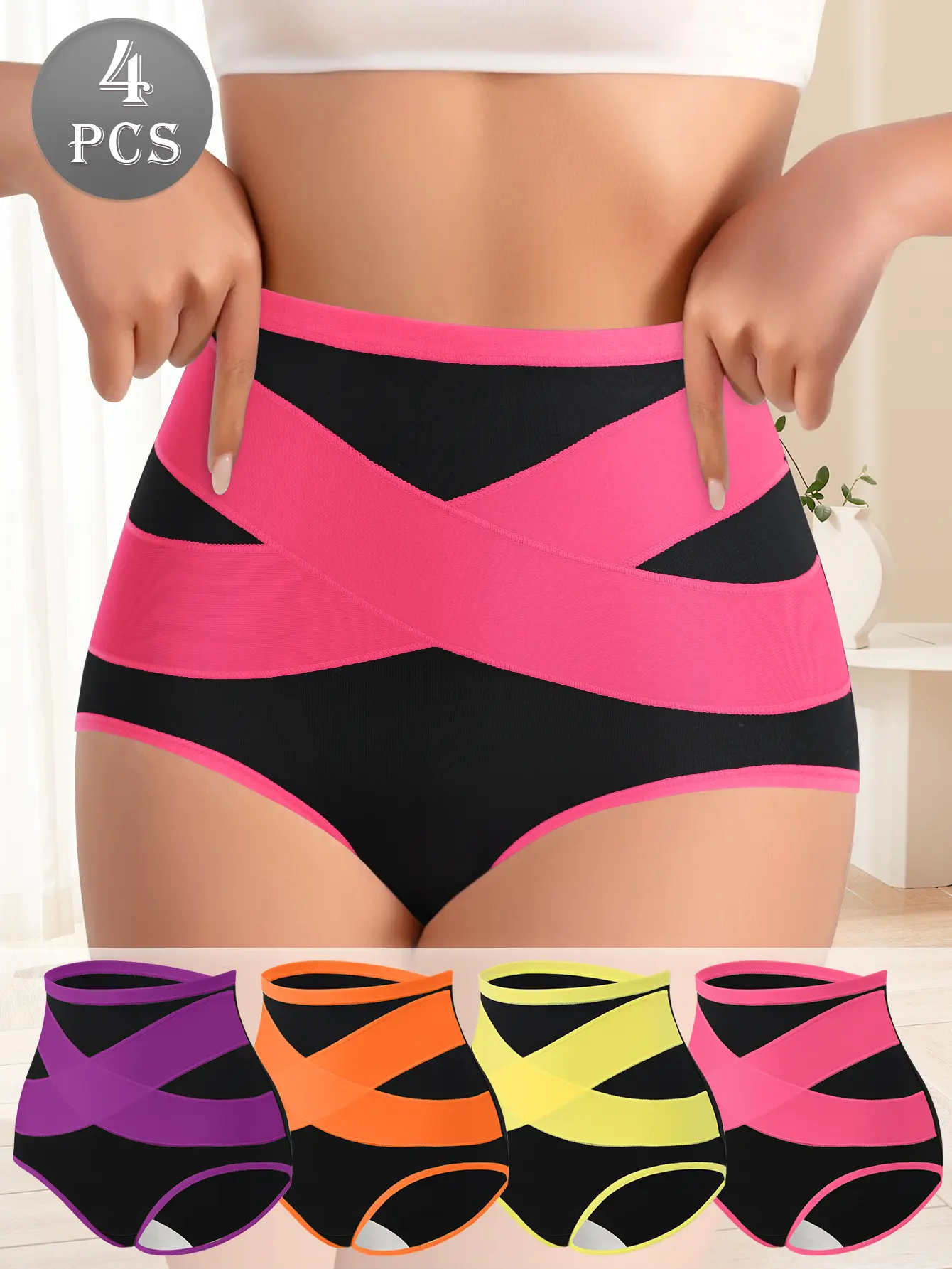 QUASTI 4PCS High Waisted Underwear for Women, Cross Design Underwear,  Full Coverage Breathable Briefs, Cotton Crotch Skin Friendly & Soft, Highly Elastic Women's Briefs Body Shaper Underwear Suitable for Daily Wear summerwins