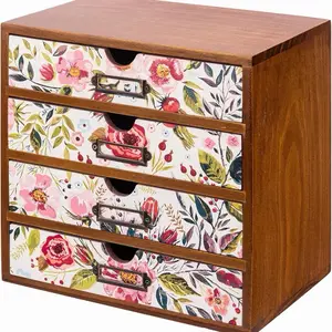 4-Drawer Vintage Desk Wood Storage Box With Drawers in Floral Chintz - Wooden Table Organizer I End Clutter & Dullness, Personalize Your Workspace - Beautiful Flower Design for Office & Home