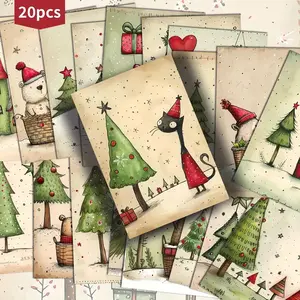 Vintage Christmas Tree Postcards Set, Cute Animal Designs, Perfect for Scrapbooking & Crafts, Collectible Holiday Cards