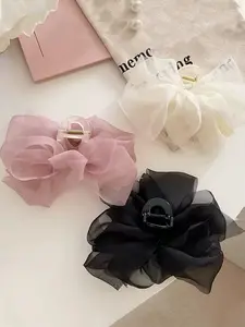 3 Piece/2 Piece Set Soft Silk Bow Hair Clips, Fairy Net Fishnet Large Shark Clip, Princess Headwear Accessories, Elegant Hair Jewelry for Women, Barrettes Hair Clips