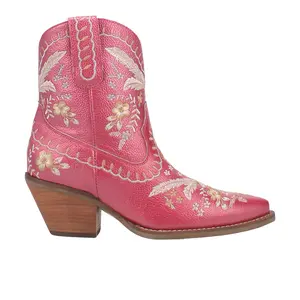 Dingo Womens Primrose Floral Embroidered Metallic Pull On Snip Toe  Casual Boots Ankle Mid Heel 2-3" - Pink