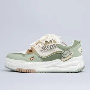 Kawaii Crown Frog Prince Casual Green Shoes Women's Round Toe Chunky Platform Laces All Seasons Vegan Leather Comfortable Sneakers