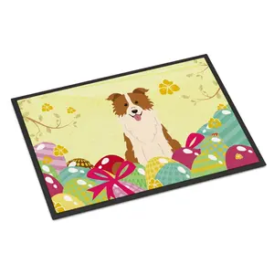212 MAIN Rectangle Felt Easter Eggs & Border Collie Print Bath Mat, 24x36 in, Red-White Permanent Dye Design, Rubber Backing, Indoor-Outdoor Home Bathroom Supply