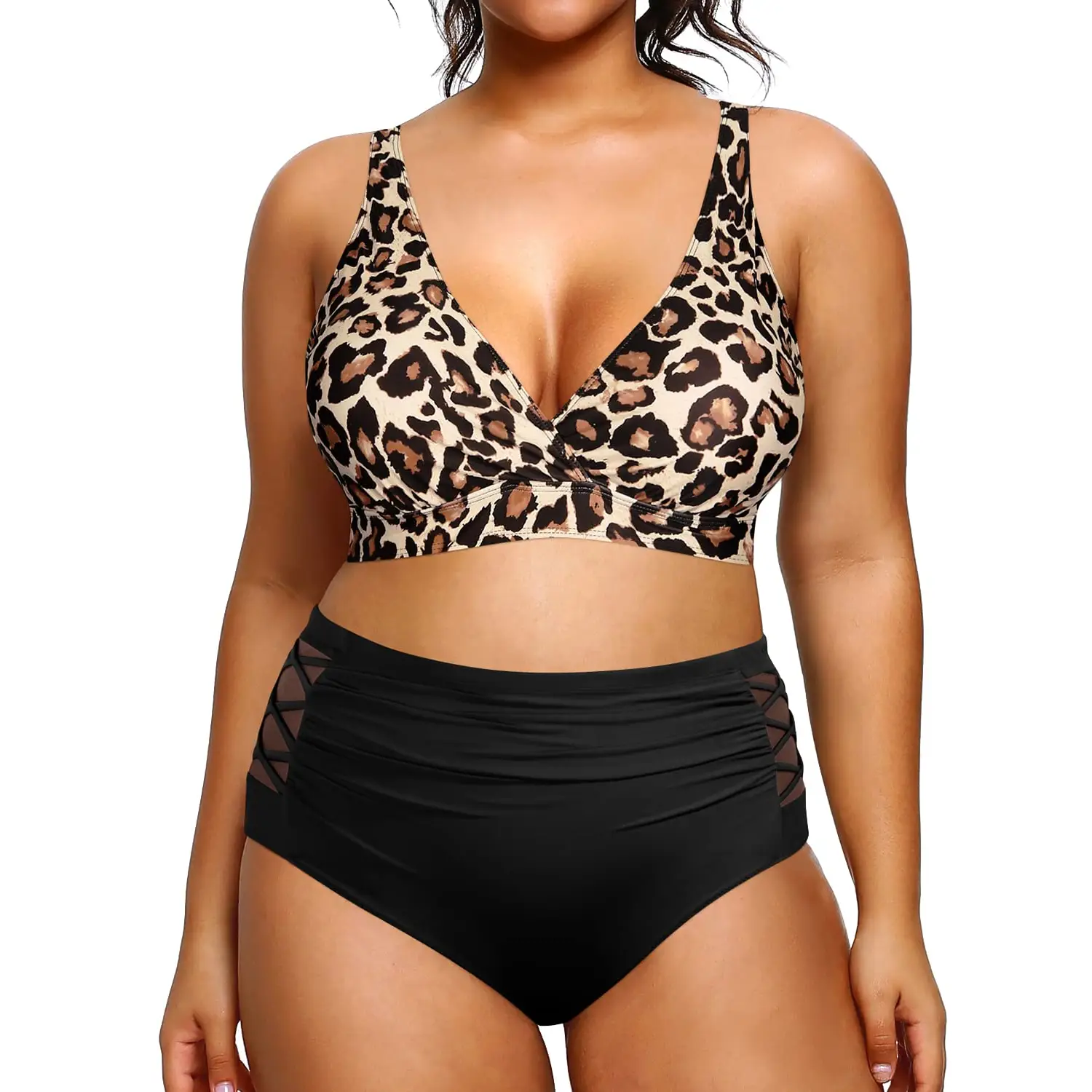 Yonique Women's Two Piece Plus Size Bikini Set, V Neck Top & Full Coverage High Waisted Bikini Bottom, Tummy Control Swimwear for Beach Swimming Holid