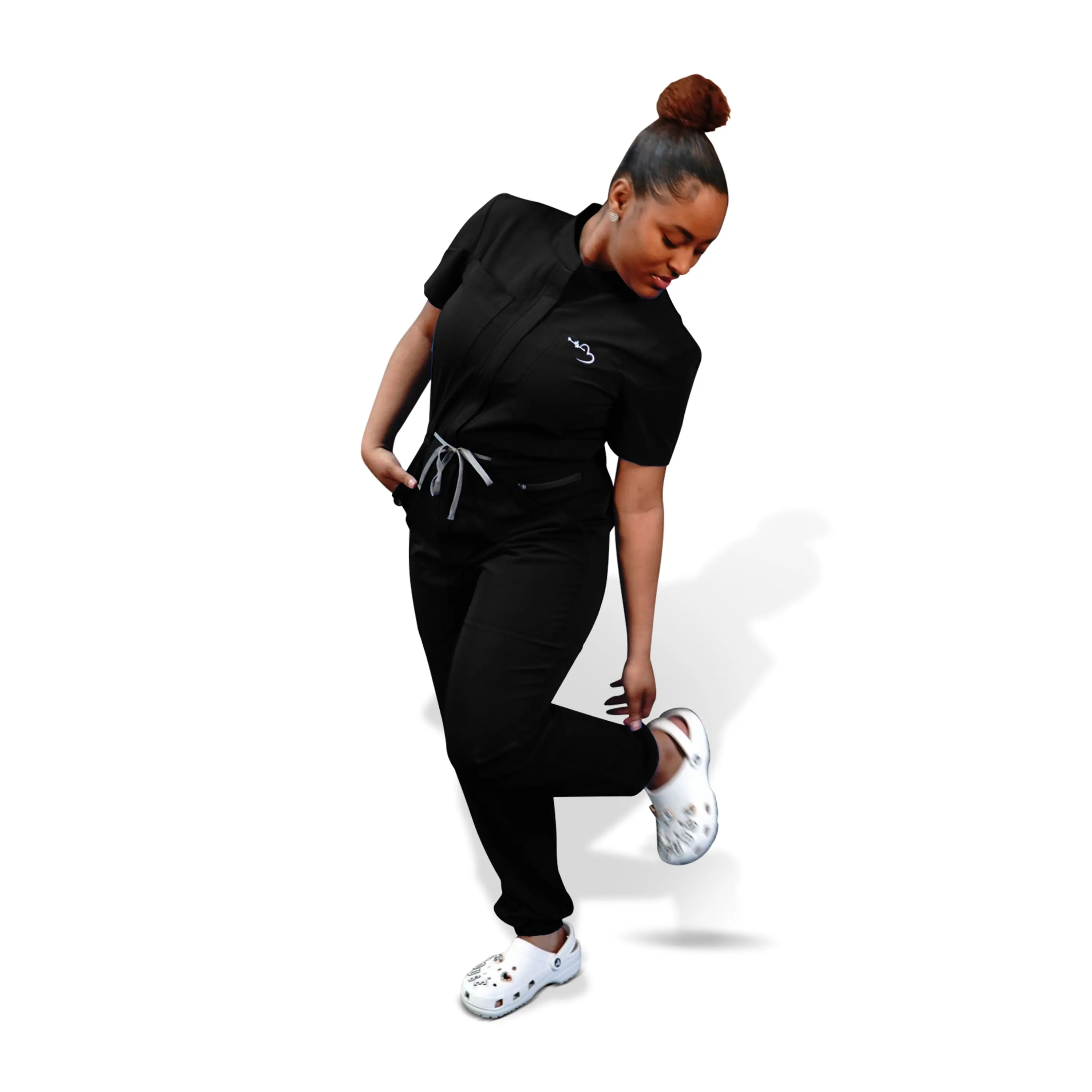House of Scrubs Women's Black Fitted Romper Jumpsuit Short Sleeve Above the Ankle Minimalist Sports Casual Uniform for Healthcare Professionals
