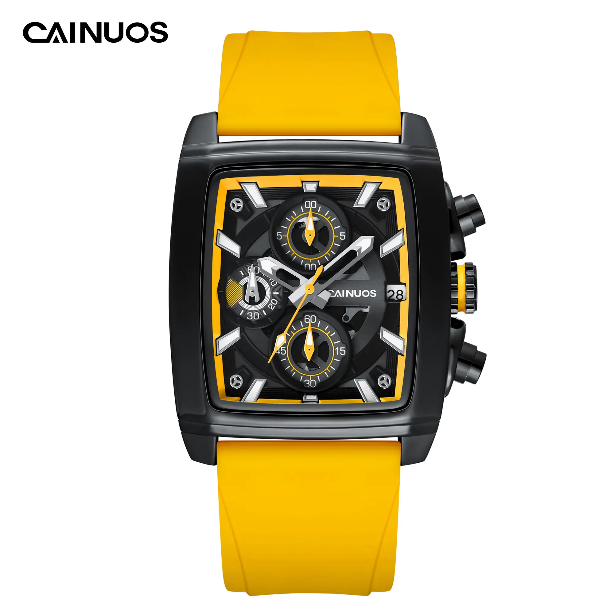 CAINUOS 5039 Men's 32mm Square Sport Quartz Watch, Luminous Date Chronograph Dial, Hardlex Crystal Multi-color Silicone Band Casual Timepiece for Gentlemen