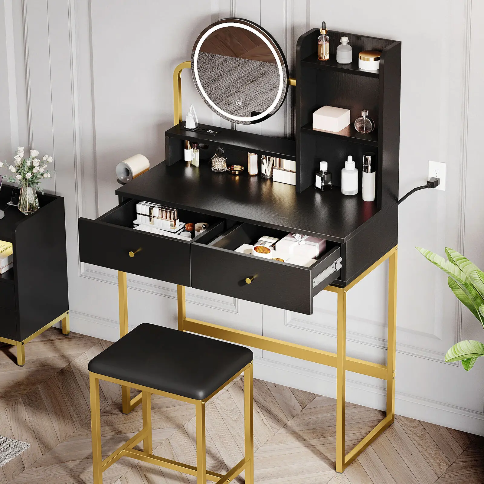 Vanity Table Set 2 Drawers LED Makeup Mirror Dressing Table with Power Station