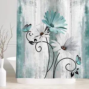 Rural Pastoral Style Wooden Shower Curtain Lake Blue Daisy Floral Waterproof 71x71in Set for Bathroom Decor