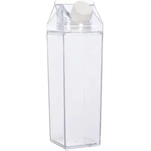 Milk Carton Water Bottle 17oz (500mL) Plastic Clear Square Milk Bottles BPA Free Leakproof Milk Carton Cups Portable Reusable Milk Carton Shaped Juice Bottle for Gym Outdoor Sports Travel Camping