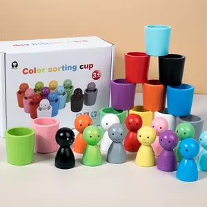 Preschool Wooden Sorting Cup & Peg People Set (24pcs), 12 Color Cups + 12 Facial Expression Dolls, Stack Sort Match Play, Fine Motor Skills & Spatial Logic Training, STEM Learning Classroom Aid, Kids Christmas Easter Halloween Birthday Gift
