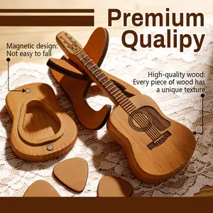 Wooden Guitar Pick Box with Stand - 3PCS Unique Guitar Picks Mini Storage Box for Guitarists Portable