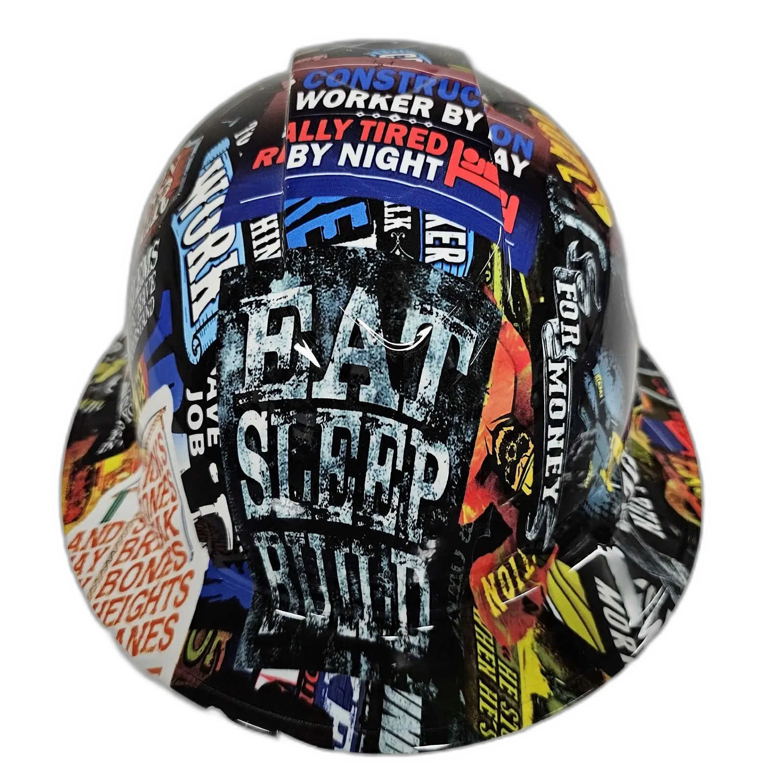 Eat Sleep Build Sticker Bomb - Custom Hydro Dipped Full Brim Hard Hat