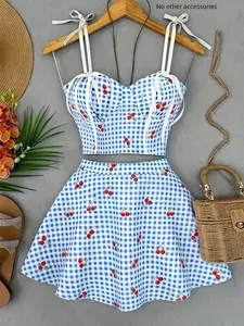 Blue Plaid Gingham Cherry Strap Sleeveless Short Dress Set Outfit, Sweet Summer Vacation Style, Waist Cinched, Fitted, A-Line Skirt, Easy to Match, Women's Date