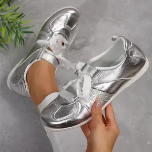 Women's Trendy Shiny Metallic Sneakers Satin Bow Decor Indoor Outdoor Shoes for Daily & Special Occasions