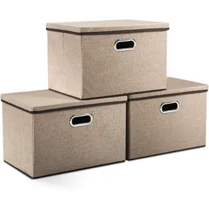 Large Collapsible Storage Bins with Lids [3Pack] Jute Fabric Foldable Storage Boxes Organizer Containers Baskets Cube with Cover for Home Bedroom Closet Office Nursery 17.7x11.8x11.8