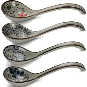 4pcs Soup Spoons, Ceramic Soup Spoon Chinese Set of 4 Japanese Ramen Spoons, Asian Soup Spoon Long Handle Perfect for Dumpling Pho Noodles Miso Dishwasher Safe