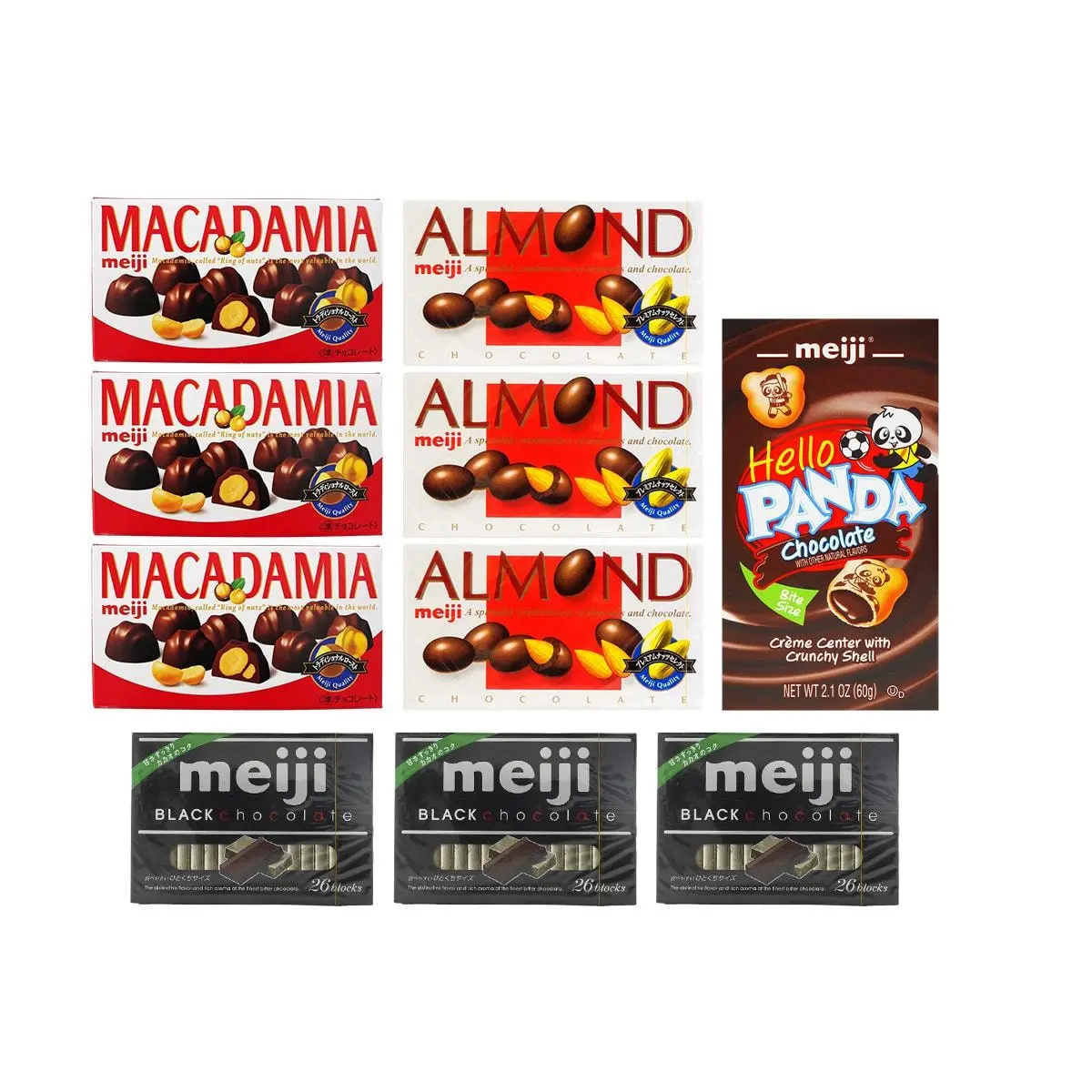 Meiji Japanese Chocolate Variety Pack - Almond, Macadamia, Black Chocolate & Panda Biscuits - 6 Assorted Snacks
