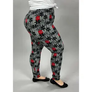 LEG-40 {Puzzled} Gray/Red Puzzle Print Leggings EXTENDED PLUS SIZE 3X/5X