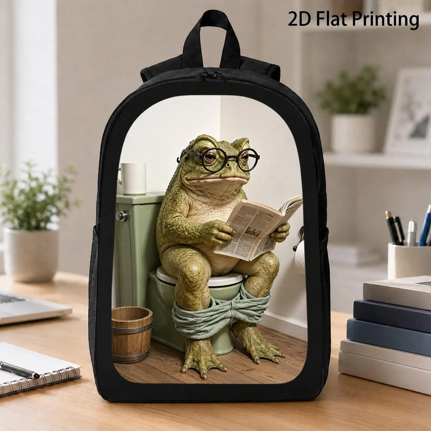 17 Inch Backpack Stylish Daily Bag with Green Frog Wearing Glasses Reading Newspaper on Toilet Funny Wildlife Print for School Travel