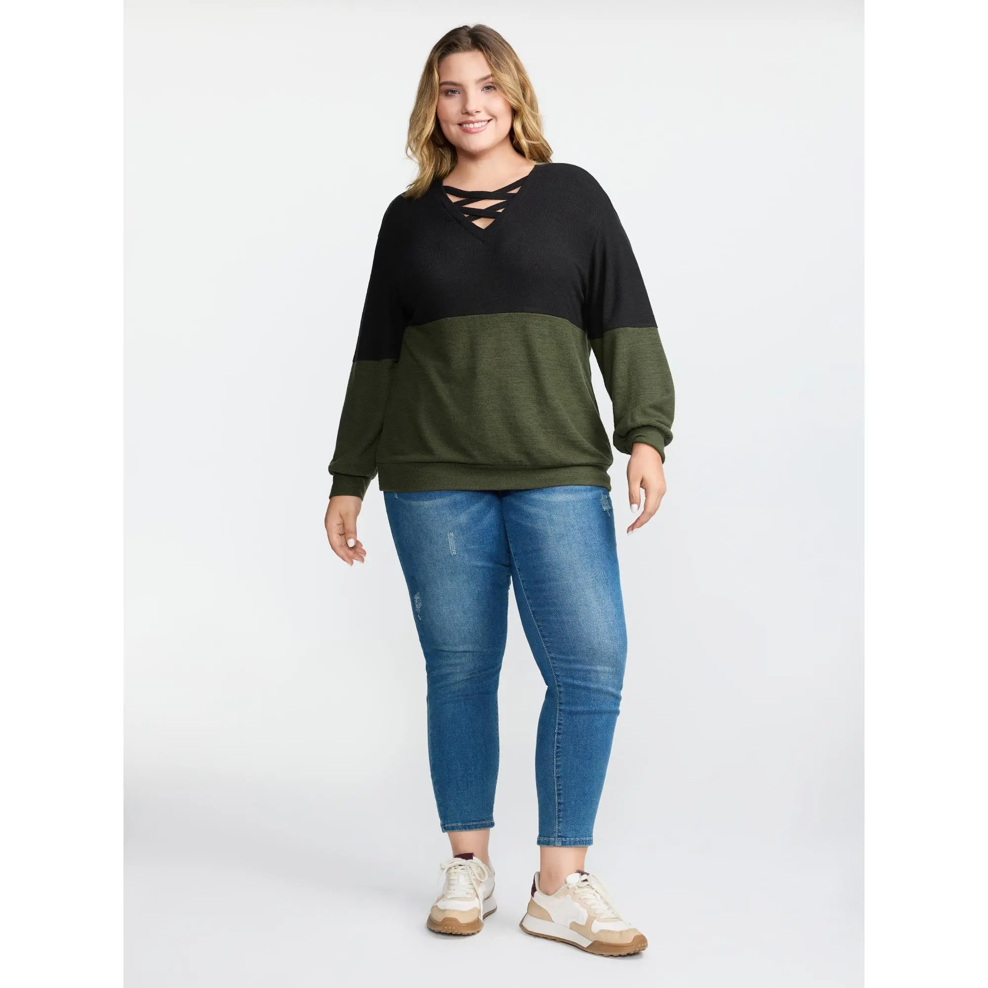 BloomChic Women's Plus Size Top, Casual V-Neck Pullover in a Comfy Spandex Fabric, Solid Colorblock with Cross-Tie Detail