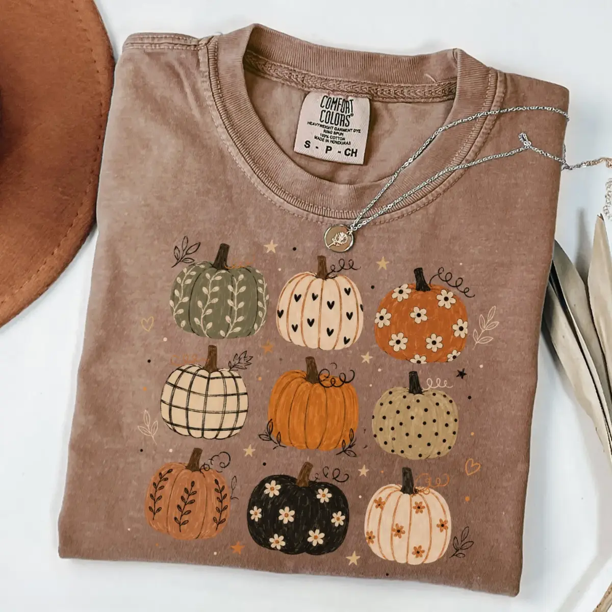 Comfort Colors Boho Pumpkin T-Shirt, Cute Fall Pumpkin Pattern Tee, Autumn Cottagecore Tshirt, Harvest Thanksgiving Gift