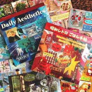 670+ Pcs Aesthetic Holographic Sticker Book (30 Sheets) - Y2K Kawaii Food & Color Mood Board Photo Collage Decals for Junk Journaling