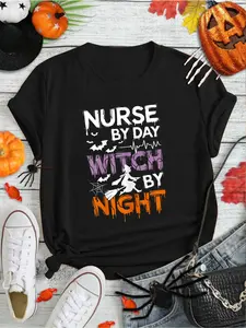 100% Cotton Nurse by Day Witch by Night Halloween Nurse Costume T-Shirt Print Round Neck Short Sleeve Streetwear Fashion Breathable Homme Soft Unisex Designer Clothes For Women Casual Clothes