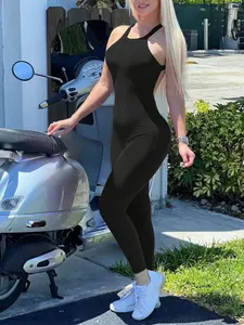 black sleeveless fitted bodycon ribbed knit halter neck stretch sexy one piece casual athleisure slim fit summer street style lounge workout jumpsuit women, Womenswear
