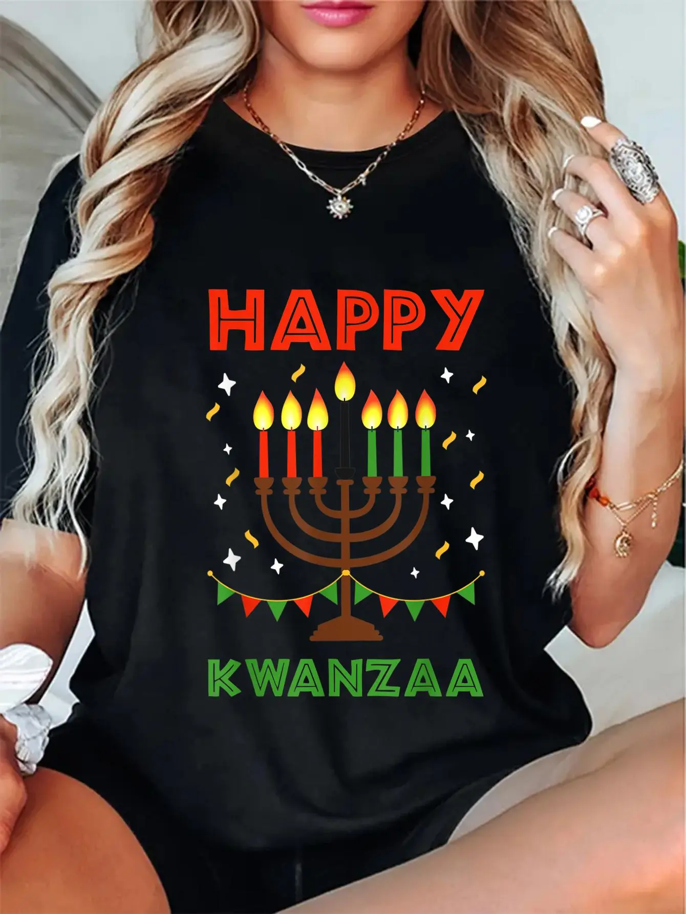 Women's 100% Cotton Short-Sleeve Round Neck T-Shirt - Cute Love Digital Print, Kinara-Cup Design, Holiday-Kwanzaa Vibe, Streetwear Party Top, Lightweight Breathable Stylish Fit, All Seasons Casual Wear, Check Size Chart