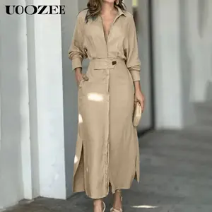 UOOZEE Women's Cotton-Linen Summer Maxi Shirt Dress - Long Sleeves, Loose Fit, V-Neck, Split Details, Pockets - Ideal for Commute & Casual Wear; 1 Size Up Recommended for C-Cup & Above