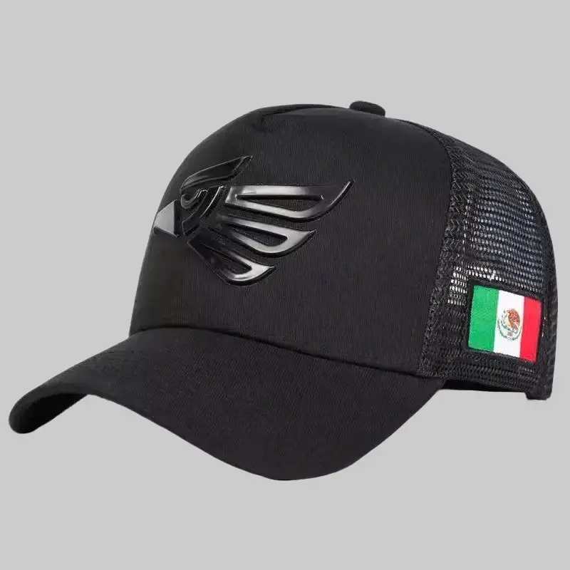 All Black Trucker Hat with Mexico Flag Patch Mesh Back Snapback Cap Eagle Logo Graphic Outdoors Casual Hat Men Women