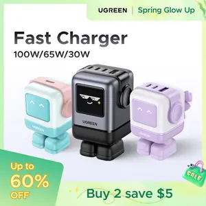 UGREEN Uno 100W/65W/30W/USB C Charger 3/4-Port Robot GaN Fast Charger PPS PD3.0 for iPhone 17 16 15 14 Pro Max, Galaxy S24/S23 Ultra, Fast Charge for Laptop Macbook Air-Black Friday Electronic Charging,TikTokShopSpringGlowUp,Greenish