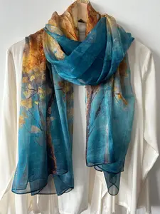 Mulberry Silk Chiffon Scarf: Golden Autumn Trees Shawl