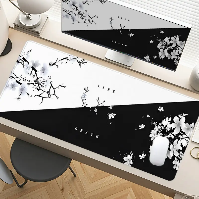 Black & White Cherry Blossom Desk Pad Gaming Mousepad XXL Mouse Pad for Laptop Desk Mouse Pad Extra Large with Non - Slip Rubber Base Stitched Edges Surface for PC Gamers Office Workers & Home Use Desktop Accessory Office Desk Accessories