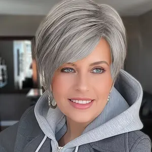 2025 Wholesale Arrivals ArrivalsWomen'S Brazilian Remy Human Hair Wig - Natural Looking Grey Short Straight Layered Bob Cut with 150% Density, No Glue Needed, Rose Mesh Cap for Secure Fit - Heat Resistant up to 356 ° F - Everyday & Special Occasion Wig fo
