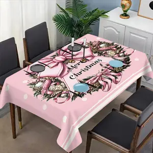Christmas Bow Pattern Tablecloth Set, Fabric, Suitable for Dining Tables, Tea Tables, TV Stands, Picnic Mats, Home & Party Use