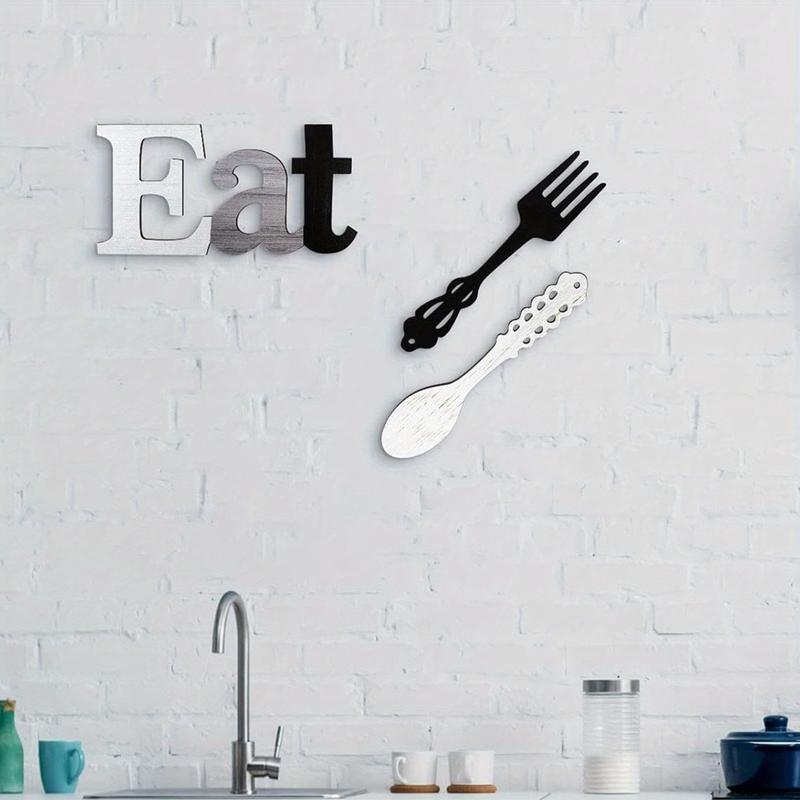 Eat Sign Set with Fork and Spoon Wall Decor Rustic Wood Country Art for Kitchen Home 35x17.5cm Durable Wooden Letters Stylish Colors Easy Hang Hooks Ornaments Hangable