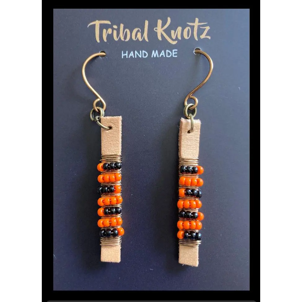 Leather Stick Earrings- Orange/Black