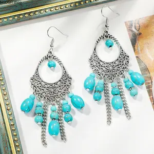Trendy Blue Turquoise Crescent Earrings - Elegant Large Multi Stone Horseshoe Dangle Earrings with Intricate Silver Detail, Comfortable Lightweight Bohemian Jewelry, Perfect for Summer Travel Festival Daily Wear & Ethnic Glam Style