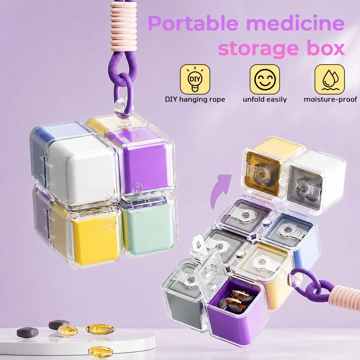 【TikTokShopBackToSchool】 Rubik's cube Travel Pill Organizer with Modular Compartments & Magnetic Closure – A Cube-Shaped Healthcare Aid with 8 Compartments for Vitamins, Supplements & Tablets for 7 Days