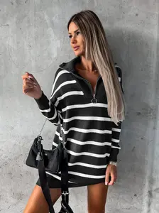 USBoutiqueChic Women's Fall 2025 Chic Striped Sweater Dress Half Zip Collar V Neck Knit Sweater Long Sleeve Ribbed Loose Mini Short Dress Pink & White Stripes - Soft Elegant Fit Style Twisted Summer Women's Wear