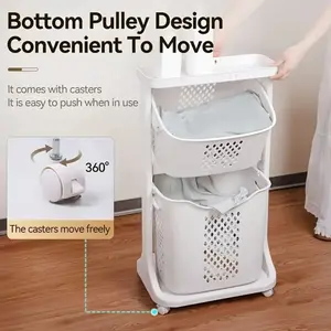 1pc White Plastic Foldable Laundry Hamper with 4 Smooth-Rolling Wheels & Removable Storage Buckets Space-Saving Rolling Basket Organizer for Bathroom Kitchen Garage Living Room Durable Collapsible Design