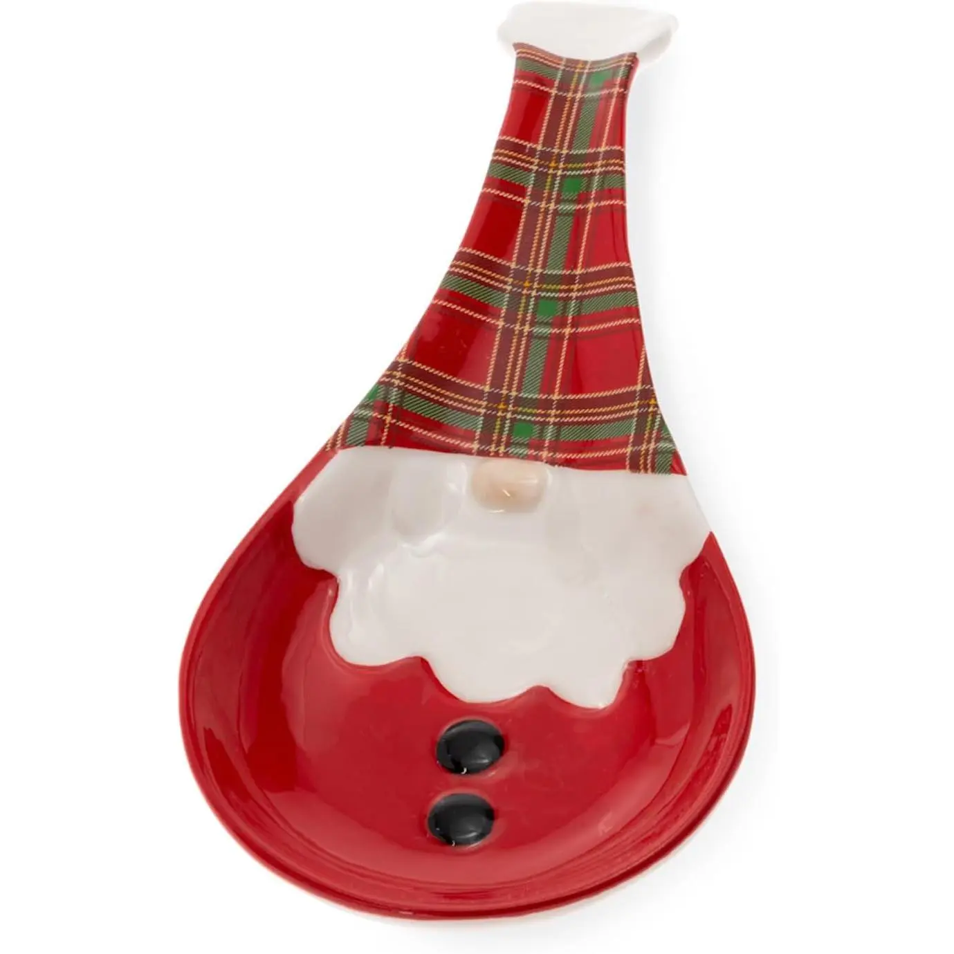 Christmas Kitchen Spoon Rest Ceramic Utensil Holder for Countertop & Stovetop, 4" x 9.5", Wallace Plaid Santa Gnome