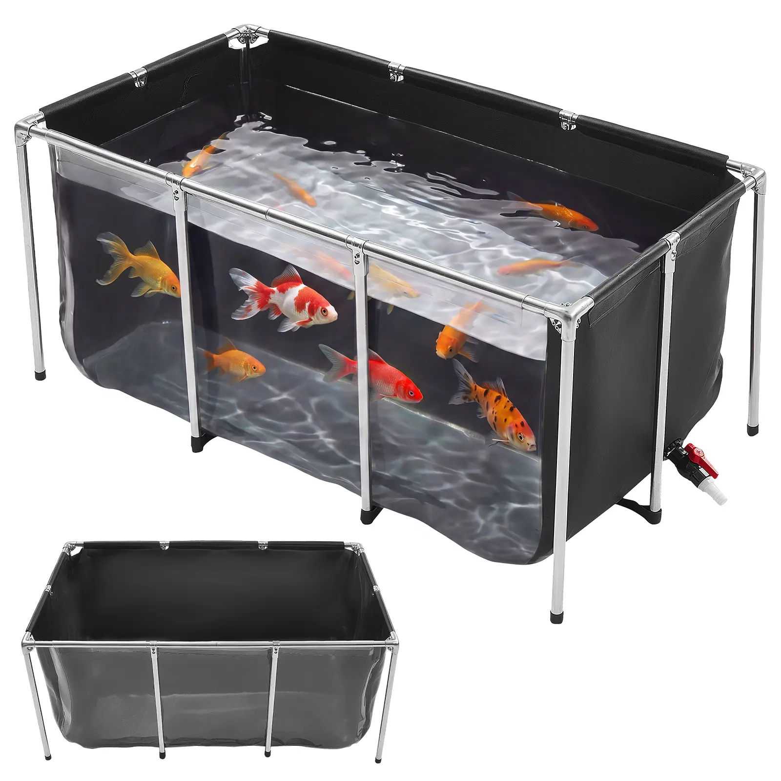 VEVOR Canvas Fish Pond 200 Gal Above Ground Fish Pond Black PVC Koi Tank, Rectangular Goldfish Tank with Clear Viewing Panel, Stainless Steel Frame and Drain Valve, for Breeding Koi and Irrigation
